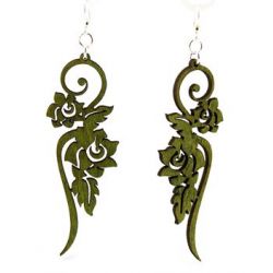 rose flower vine green wood earring