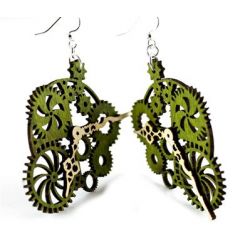 Green gear clock wood earrings