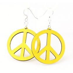Yellow small peace sign wood earrings