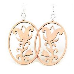 Pink flower oval wood earrings