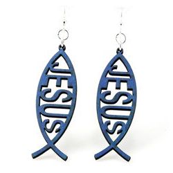 Blue fish jesus wood earrings