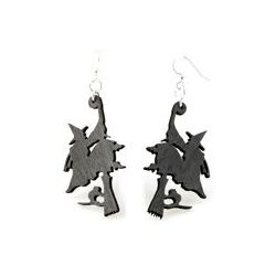 witch on broomstick wood earrings