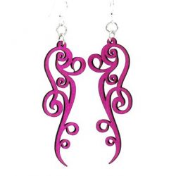 Pink Ornate Scroll Design Wood Earrings