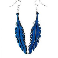 blue feather wood earrings