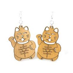 tan lucky cat wood earrings