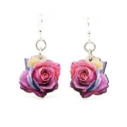 multi color rose blossom wood earrings