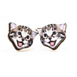 Playful kitten stud wood earrings