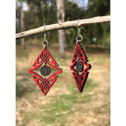 Earrings shown in color cherry red and black satin
