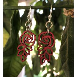 cherry red leafed blossom rose earrings