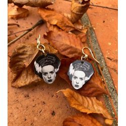 Lifestyle photo - Bride of Frankenstein wood earrings