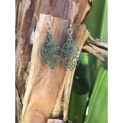 teal arabesque scroll wood earrings