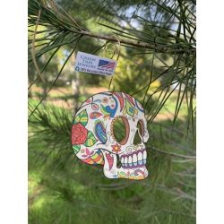 sugar skull ornament shown in 100% recycled paper