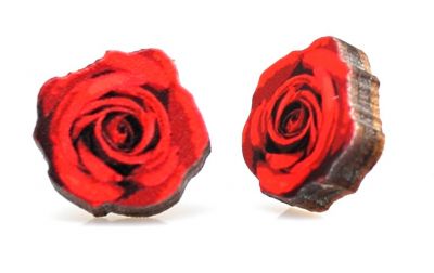 Deep red rose stud wood earrings