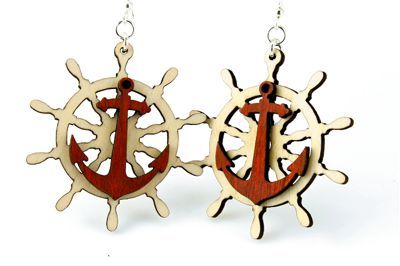 red anchor and boat wheel wood earring