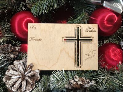 Christian Cross Holiday Ornament Card in Natural Wood