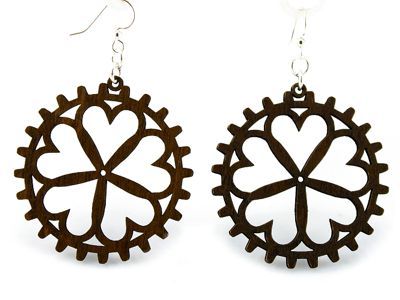brown heart gear wood earrings