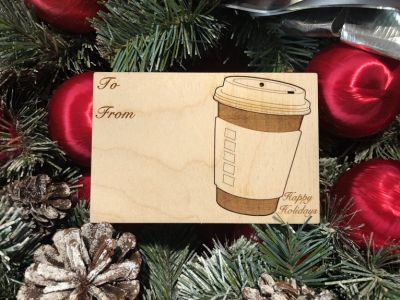 Coffee Cup Holiday Ornament Card in Natural Wood