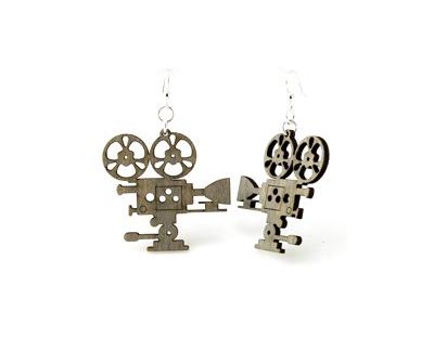 Gray movie camera wood earrings