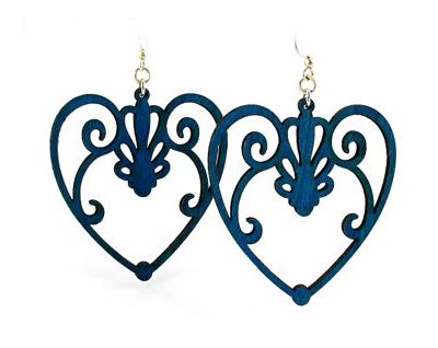 royal blue scroll heart wood earrings