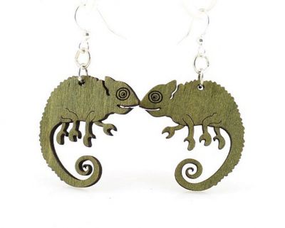 green chameleon wood earrings