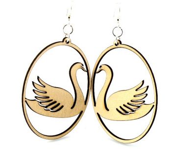 Natural wood swan in oval wood earrings
