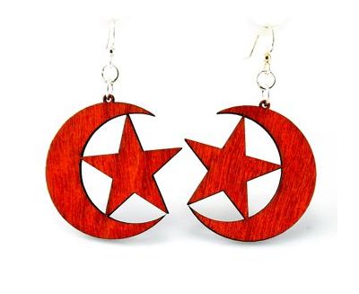 Red star & crescent wood earrings