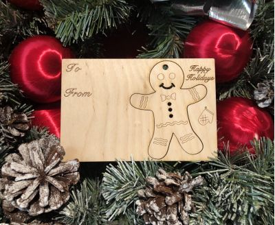 Gingerbread Man Holiday Ornament Card in Natural Wood