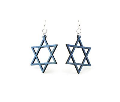 Blue jewish star wood earrings