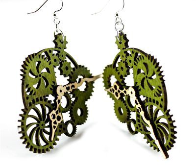 Green gear clock wood earrings