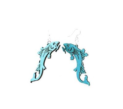 Blue koi fish wood earring