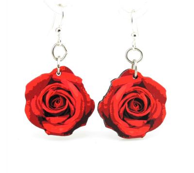 deep red rose blossom wood earrings