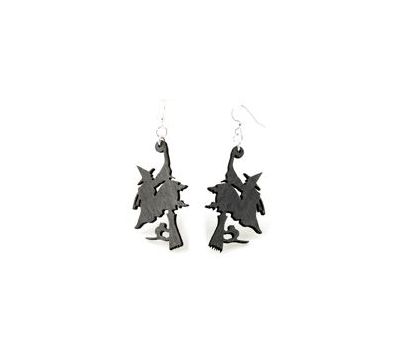 witch on broomstick wood earrings
