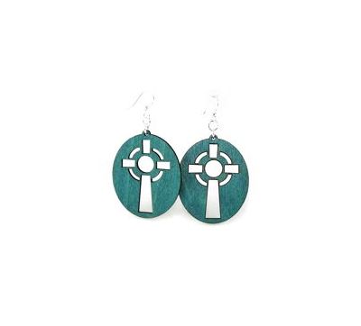 teal celtic cross wood earrings