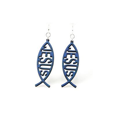 Blue fish jesus wood earrings