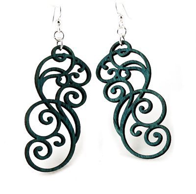 Teal Filigree Scroll Wood Earrings