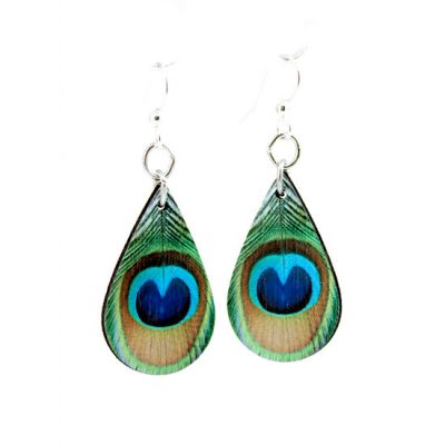 peacock feather wood earrings