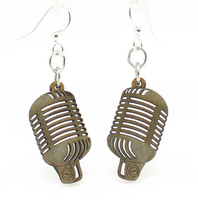 Gray retro vintage microphone wood earrings