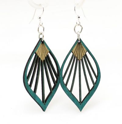 Teal fan leaf palm wood earrings