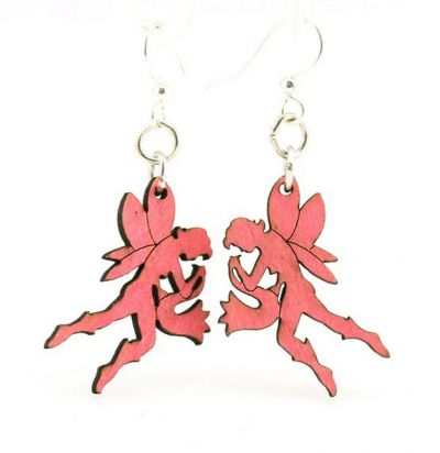 Pink female fairy wood earrings