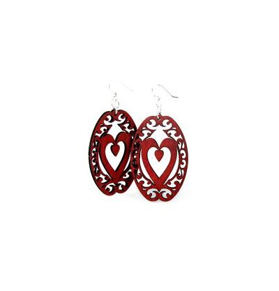 red decorative heart oval wood earrings