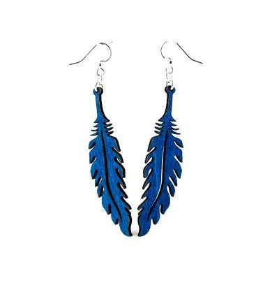 blue feather wood earrings