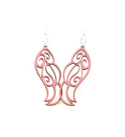 pink feather dangle wood earrings