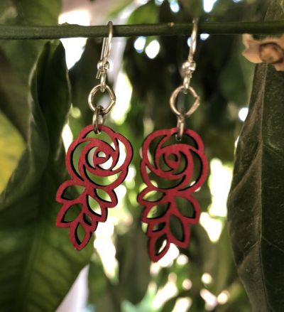 cherry red leafed blossom rose earrings