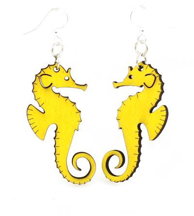 Yellow Seahorse wood earrings