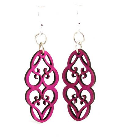 Fuschia heart in vines wood blossom earrings