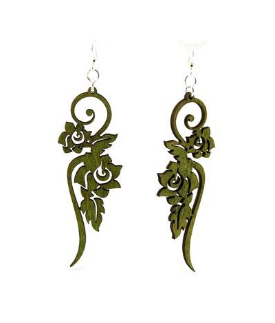 rose flower vine green wood earring