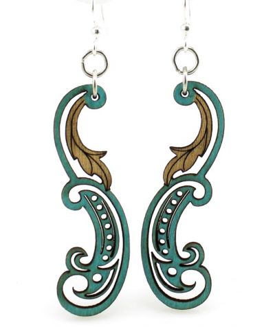 teal paisley leaf wood earrings