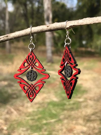 Earrings shown in color cherry red and black satin