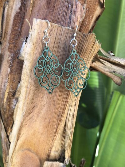 teal arabesque scroll wood earrings