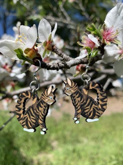 1645 tabby cat wood earrings